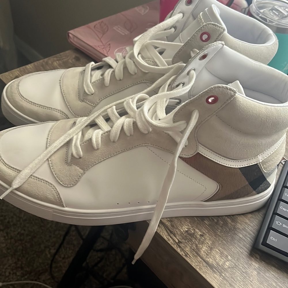 White and Tan High-Top Sneakers